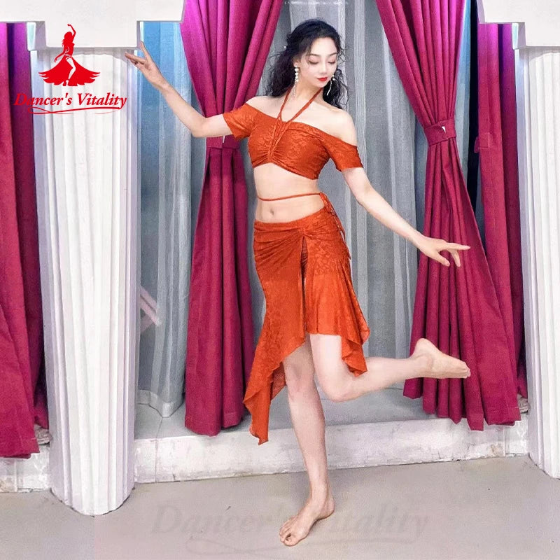 Belly Dance Costume Women's Exquisite V-neck Short Sleeved Top+irregular Short Skirt Oriental Dance Performance Costumes