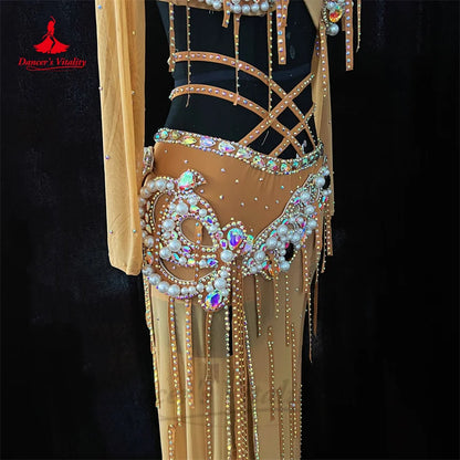 Belly Dance Costume Suit for Women Oriental Senior Pearls Bra+mesh Skirt 2pcs Custom Adult Child Popsong Classic Costume Outfit