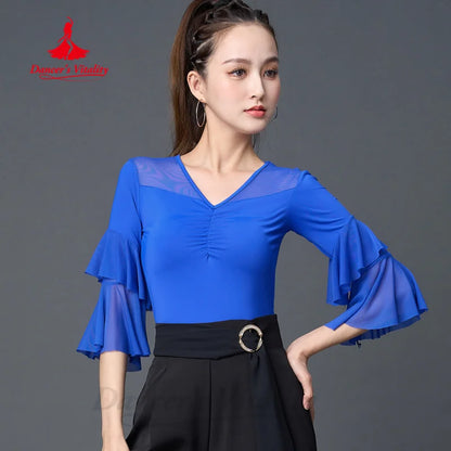 Latin Dance Tops Women's Customized Summer Comfortable and Breathable Horn Sleeves Top Tango Chacha Rumba Practice Clothes