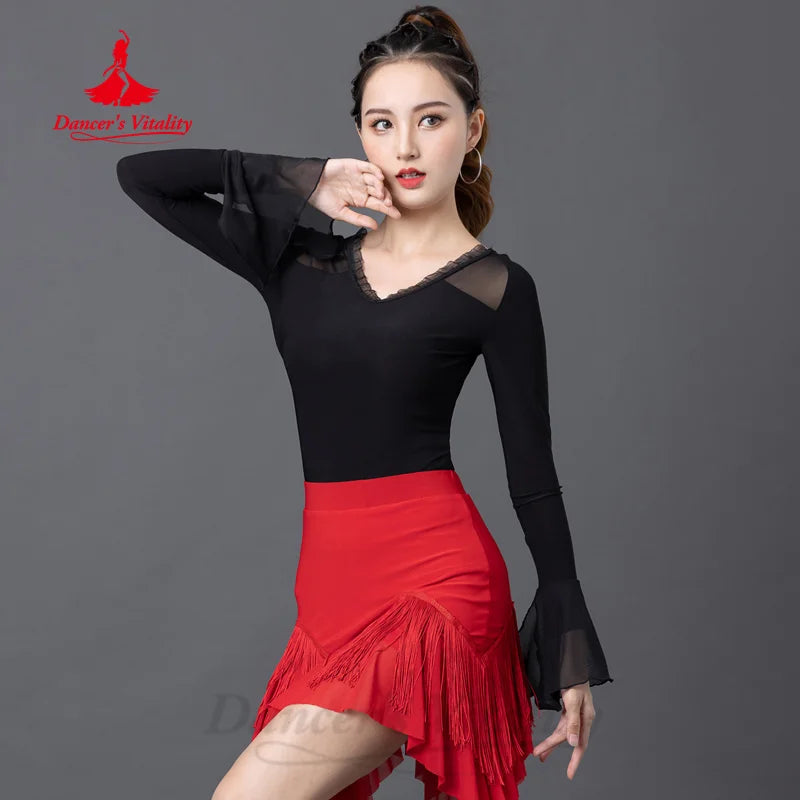 Latin Dance Practice Clothes Women's Customized Black Slimming Flare Sleeve Top Tango Chacha Professional Performance Clothing