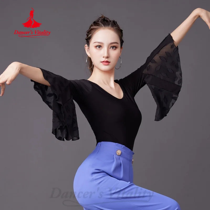 Latin Dance Practice Clothes Customized Black Slimming Flare Sleeve Top Tango Rumba Samba Girls Modern Dancing Training Clothing