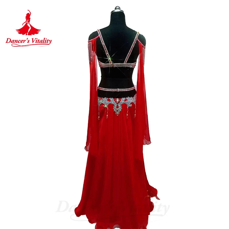 Belly Dance Performance Suit for Women Senior Stones Bra+customized Chiffon Long Skirt 2pcs Oriental Dance High End Dance Skirt