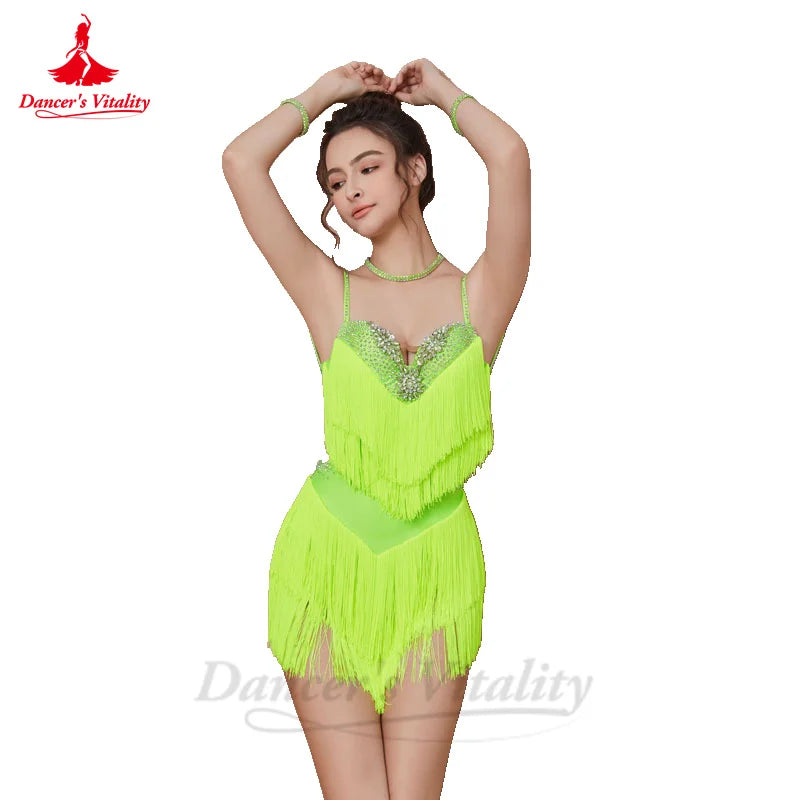 Latin Dance Fringe Dress for Women Seinor AB Stones Rumba Chacha Tango Performance Costume Skirt Adult Child Latin Wear Dresses