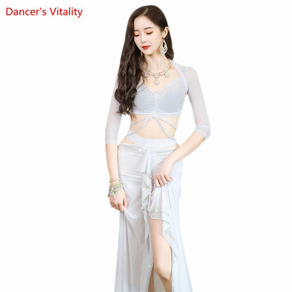 Belly Dance Performance Clothing Suit for Women Bellydance Half Sleeves Top+mesh Long Skirt 2pcs Oriental  Professional Set Wear