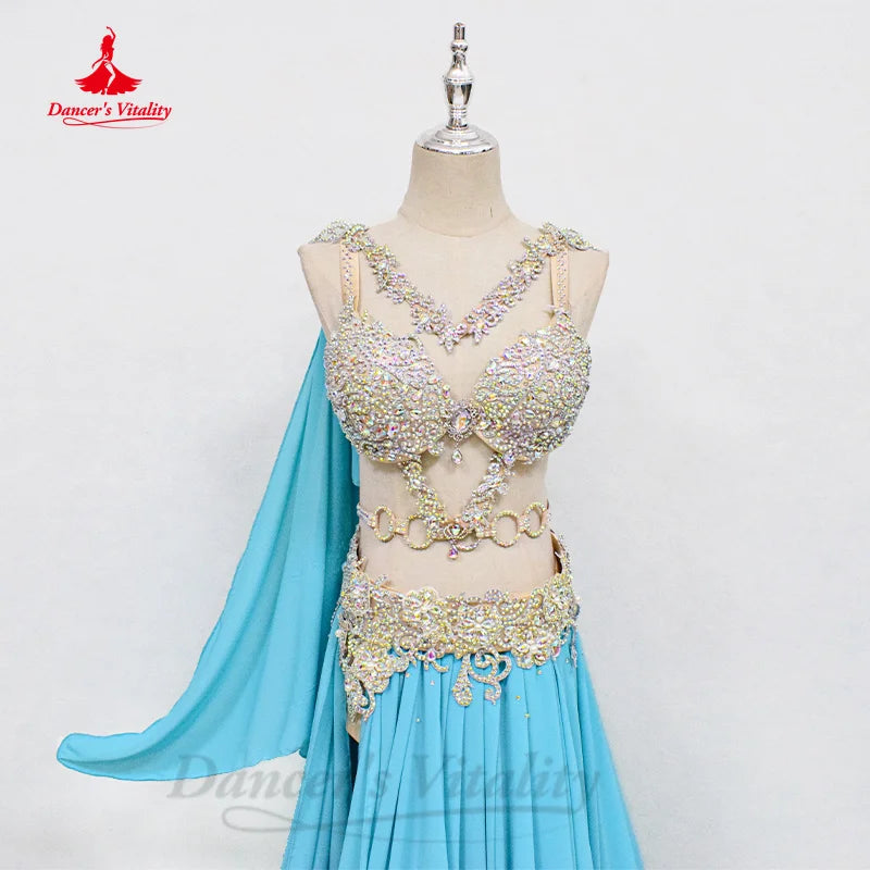 Bellydance Costume Set Customized Luxury AB Stones Bra+sexy Split Long Chiffon Skirt 2pcs Oriental Dance Performance Clothing