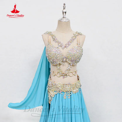 Bellydance Costume Set Customized Luxury AB Stones Bra+sexy Split Long Chiffon Skirt 2pcs Oriental Dance Performance Clothing