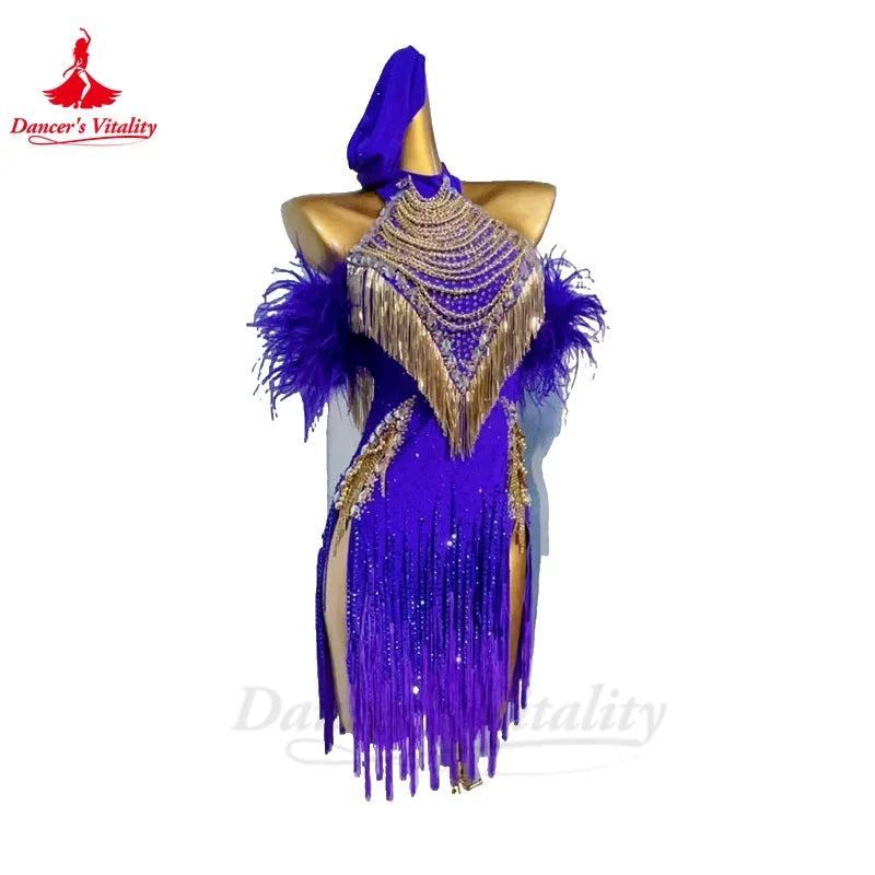 Latin Dance Tassel Dress for Women Customsized Chacha Tango Performance Competiton Costume Adult Children Latin Fringe Dresses