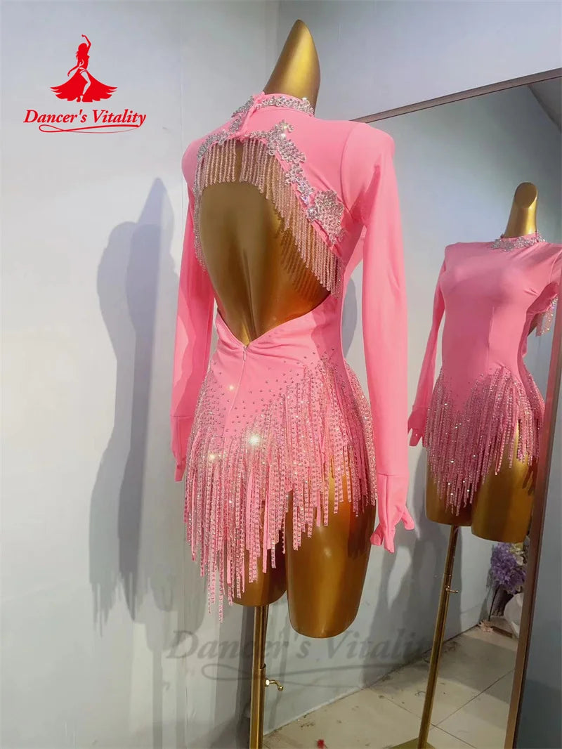 Latin Dance Dress for Women Sexy Long Sleeves Rumba Chacha Tnago Performance Compeitition Costume Dress Latin Fringe Dress