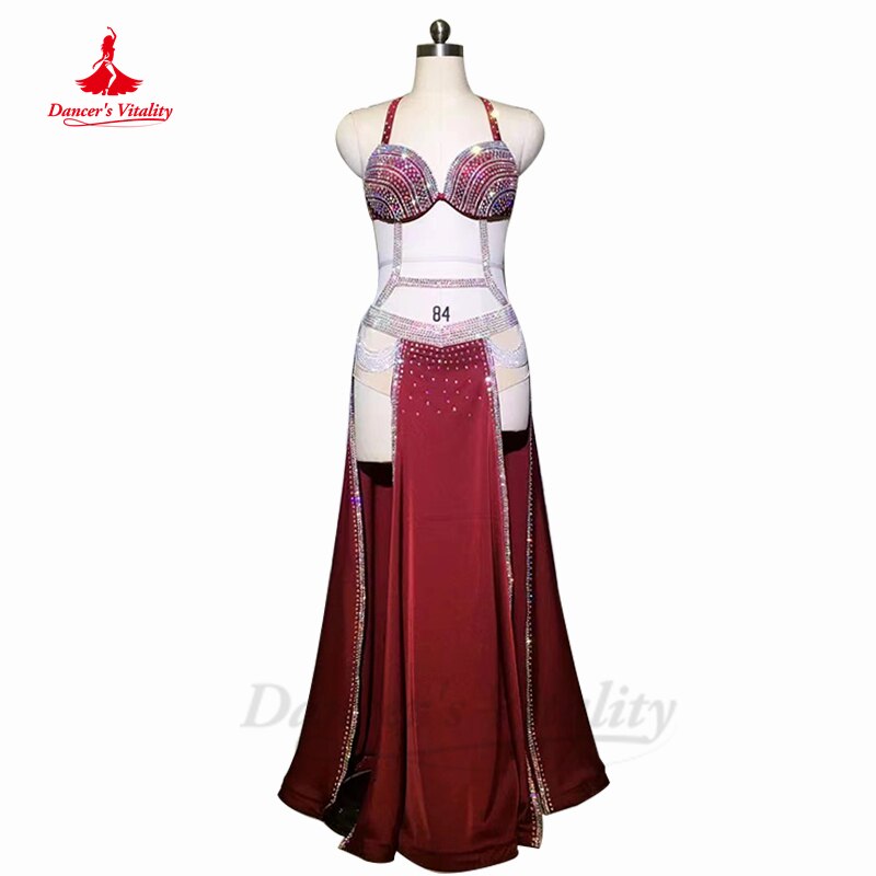 Belly Dance Clothing Performance Clothing Hanf Made Full Stones Bra+split Long Skirt 2pcs Customization Child Adult Dance Outfit