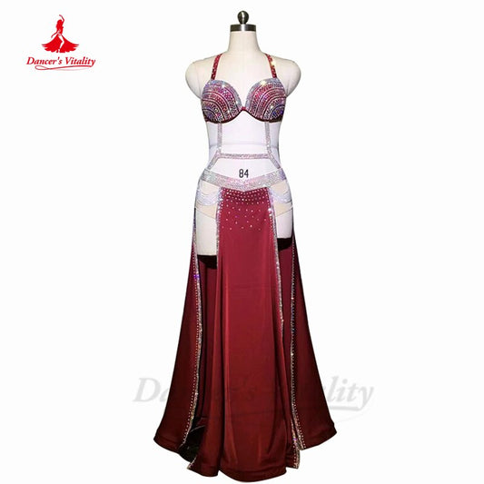 Belly Dance Clothing Performance Clothing Hanf Made Full Stones Bra+split Long Skirt 2pcs Customization Child Adult Dance Outfit