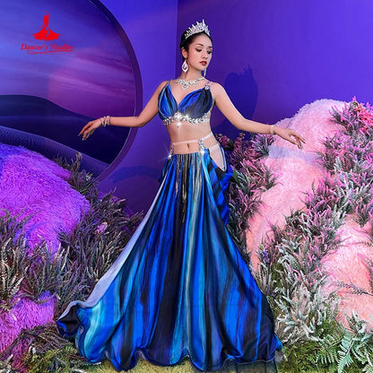 Belly Dance Performance Costume Suit for Women Tie Dye Tassel Competition Set Bra+saitin Skirt 2pcs Bellydancing Stage Outfit