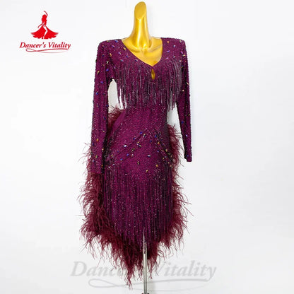 Latin Dance Fringe Dresses Customized Luxury Full Diamond Feather Backless Dress for Adult and Children's Performance Costumes