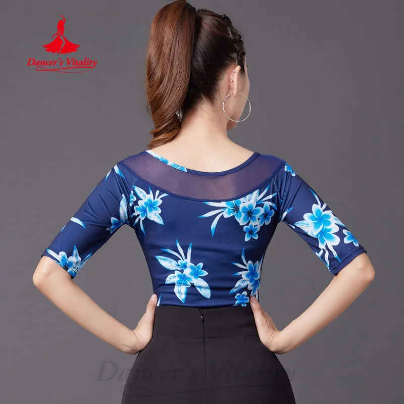 Latin Dance Practice Top Customized Comfortable and Breathable Printed Half Sleeve Top Modern Dancing Girl Training Clothing