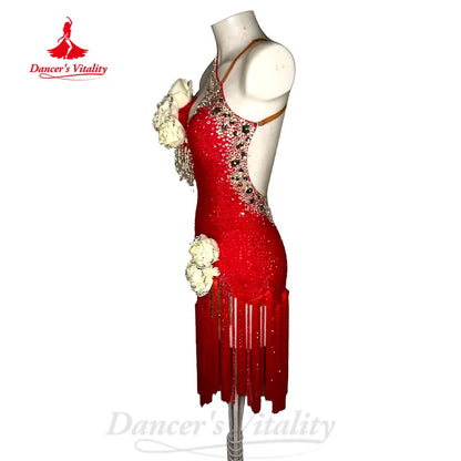 Latin Dance Costumes Customized Luxury Rhinestone Flowers Tassel Dress for Adult and Children Tango Chacha Performance Clothing