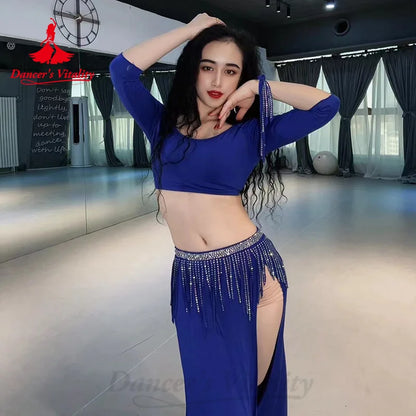 Bellydance Costume Set Customized Comfortable Long Sleeved Top+sexy Split Fringe Skirt 2pcs Oriental Dance Performance Costumes