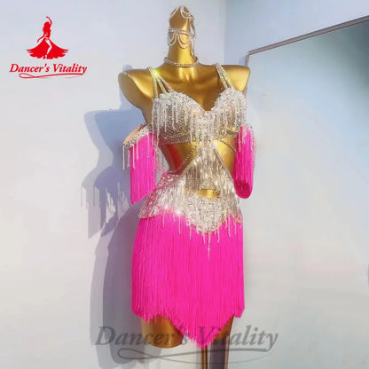 Latin Dance Women Competition Uniform Customized Sexy Backless Sequin Tassel Dress Adult Children Chacha Performance Costume