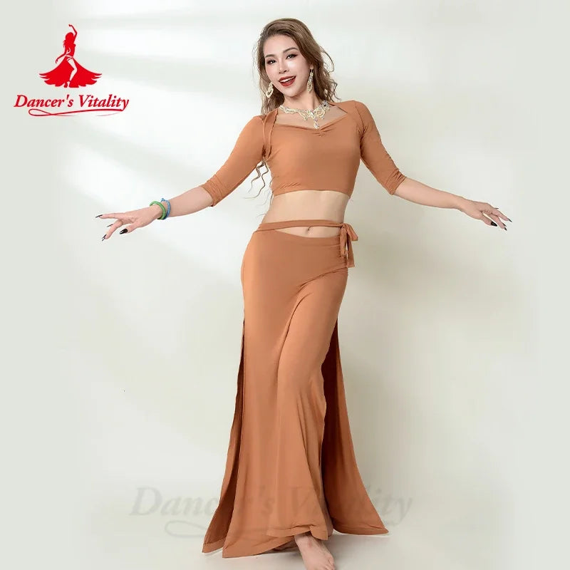 Belly Dance Practice Costume for Women Winter Half Sleeves Top+split Long Skirt 2pcs Adult Oriental Belly Dancing Wear Outfit