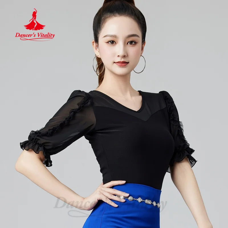 Modern Dance Practice Clothes Customized Comfortable and Breathable Half Sleeve Top Tango Chacha Samba Latin Dance Clothing