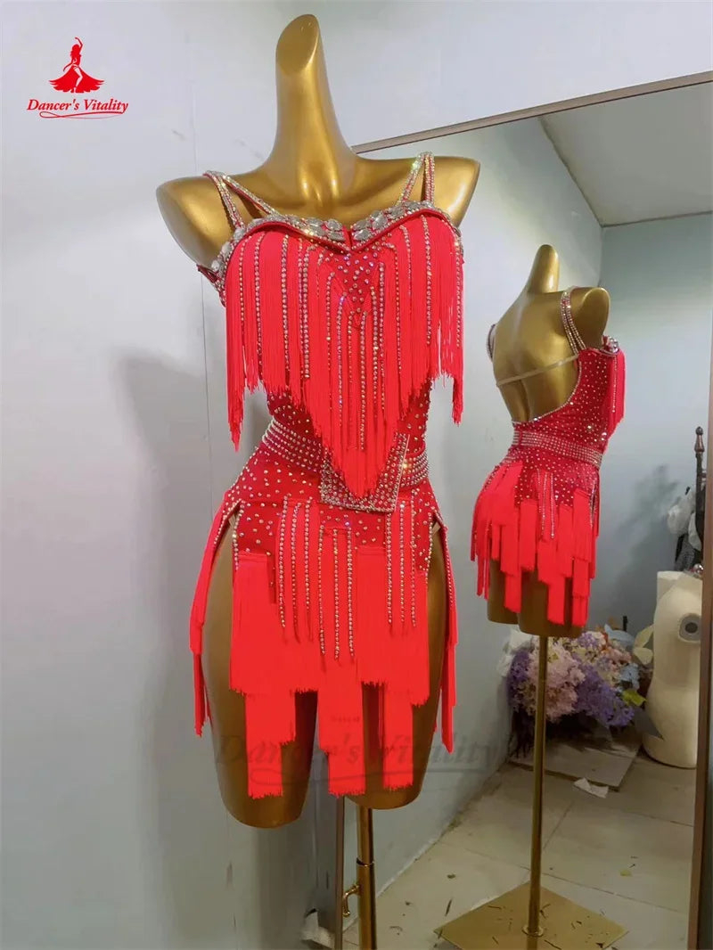 Latin Dance Fringe Dress for Women Custom Rumba Chacha Tango Performance Competiton Costume Adult Children Latin Dancing Outfit