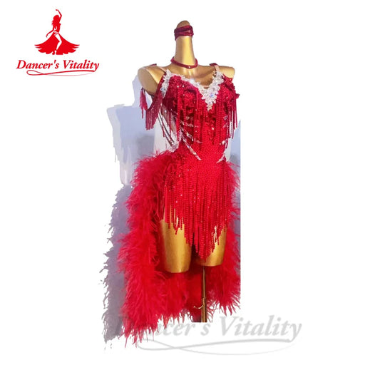 Latin Dance Dress for Women Senior Feather AB Stones Rumba Chacha Tango Peformance Professional Clothing Adult Child Latin Skirt