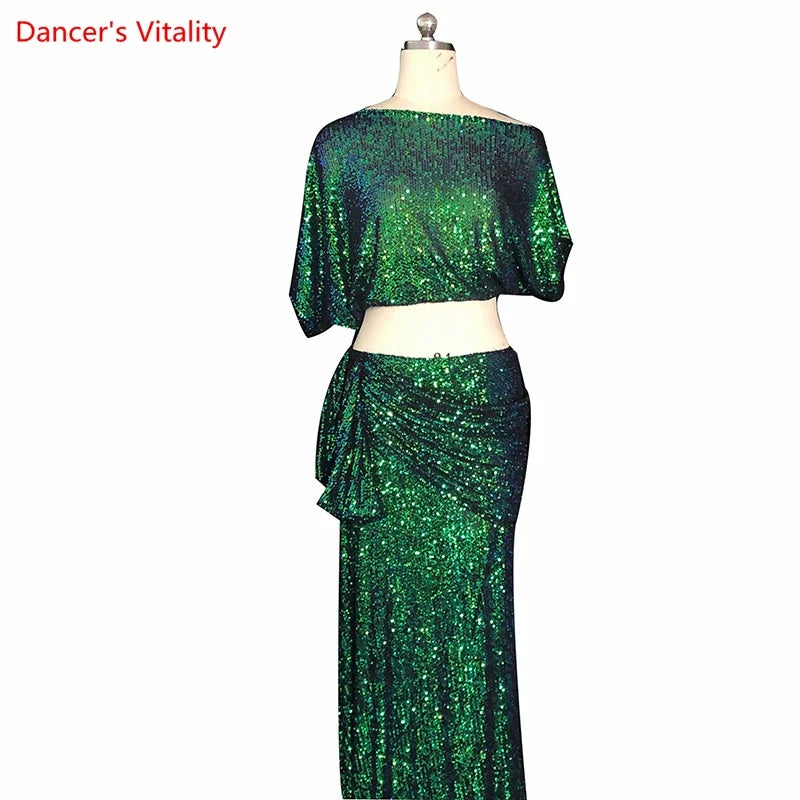 Belly Dance Costume Set Women's  Customized Sequin Short SleeveTop+Split Long Skirt 2ps Oriental Dance Performance Costumes