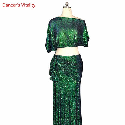 Belly Dance Costume Set Women's  Customized Sequin Short SleeveTop+Split Long Skirt 2ps Oriental Dance Performance Costumes