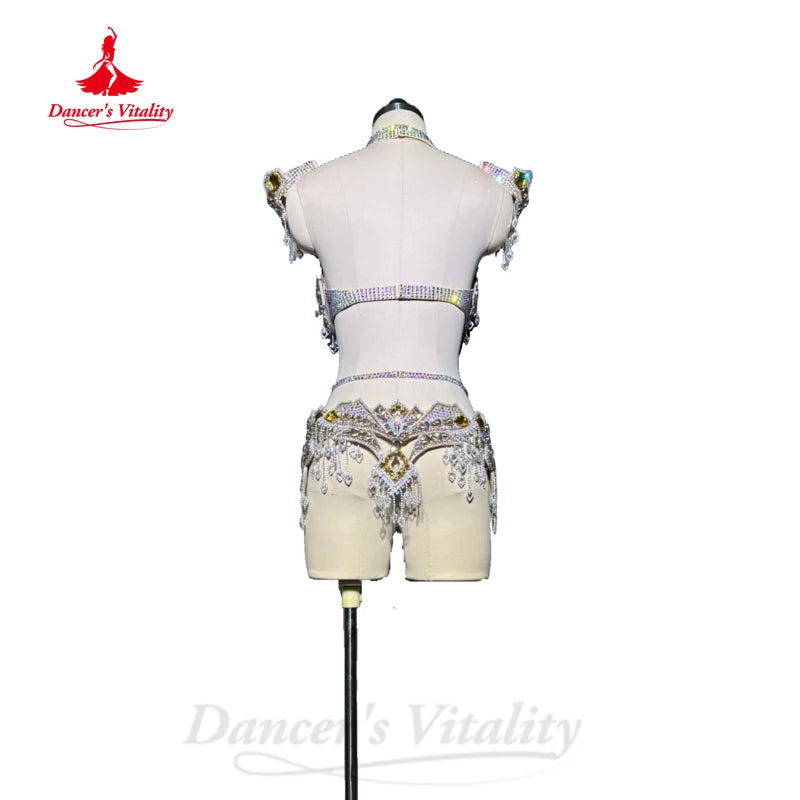 BellyDance Clothing Customized Senior AB Stones Bra+Luxury Rhinestones Belt 2pcs Adult Children Oriental Dance Performance Set