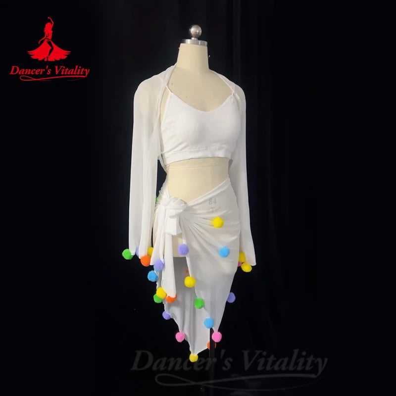 Belly Dance Costume Suit Customized Cotton Yarn Shawl+vest+Small Colored Ball Hip Scarf  3ps Oriental Dance Performance Costumes