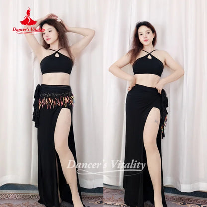 Belly Dance Practice Clothes Top+Skirt+Hip Scarf 3pcs for Adult Soft and Comfortable Oriental Dance Clothing Dancer's Vitality