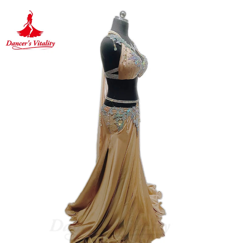 Belly Dance Performance Suit for Women Senior Stones Bra+customized Chiffon Long Skirt 2pcs Oriental Dance High End Dance Skirt