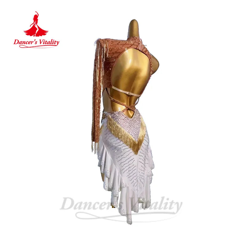 Latin Dance Dresses for Women Full Stones Rumba Chacha Tango Performance Fringe Skirt Custom Adult Child Latin Dancing Dresses