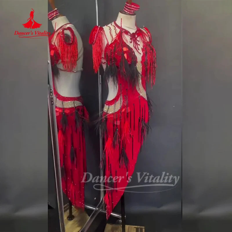 Belly Dance Clothing Women's Customization Advanced Luxury AB Stones Fringe Set Drum Solo Competition Outfit Dance's Vitality