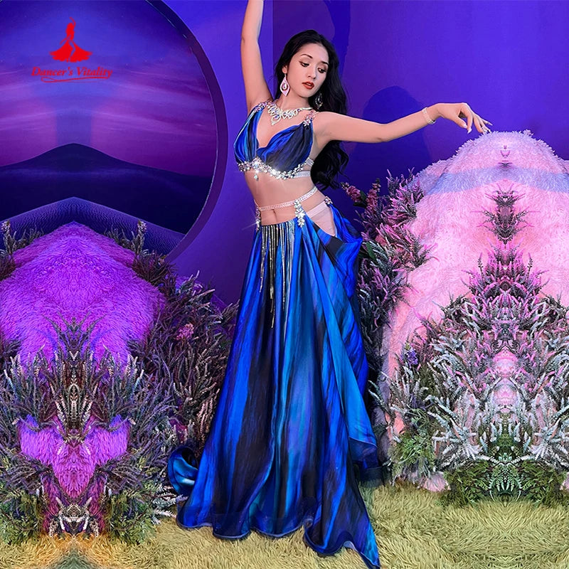 Belly Dance Performance Costume Suit for Women Tie Dye Tassel Competition Set Bra+saitin Skirt 2pcs Bellydancing Stage Outfit