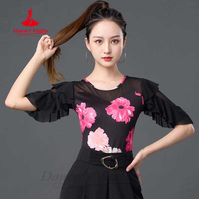 Modern Dancing Latin Dance Printed Tops Women's Tango Chacha Samba Professional Practice Costume Social Dance Training Clothes