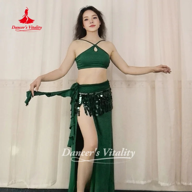 Belly Dance Practice Clothes Top+Skirt+Hip Scarf 3pcs Women's Soft and Comfortable Oriental Dance Clothing Dancer's Vitality