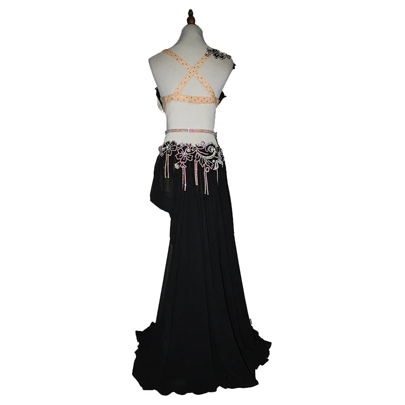 Belly Dance Competition Costume Set for Women Cusomzied  High Waist Chain Pleated Tassel Chiffon Dress Set Children Dance Outfit