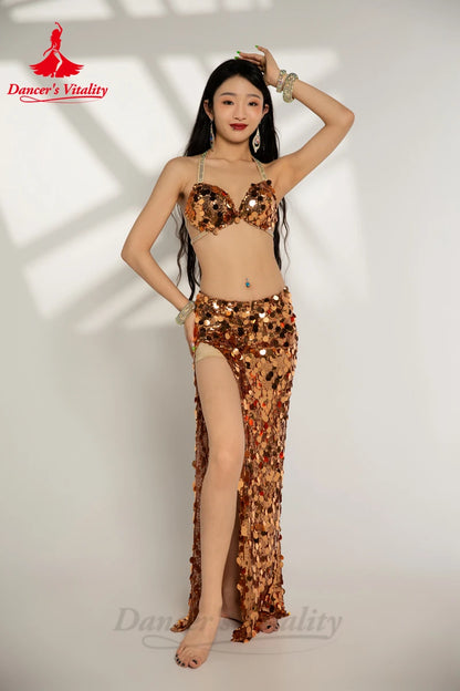 Belly Dance Costume Set for Women Big Sequins Bra+split Long Skirt 2pcs Girl's Oriental Belly Dancing Performance Costume Suit