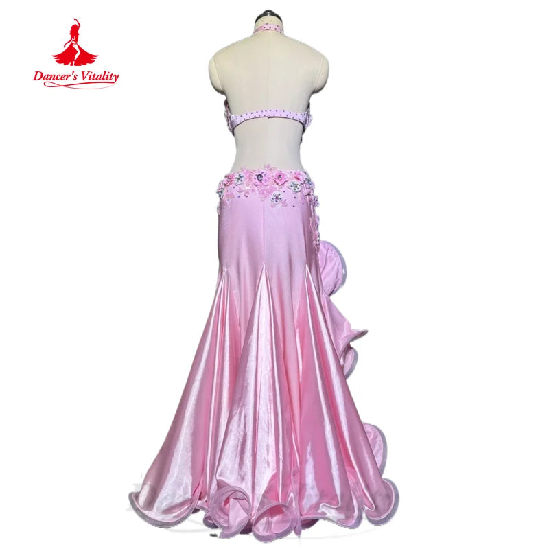 Belly Dancing Outfit Women Customized Exquisite Flowers Bra+Sexy Satin Split Long Skirt 2pcs Oriental Dance Performance Clothing