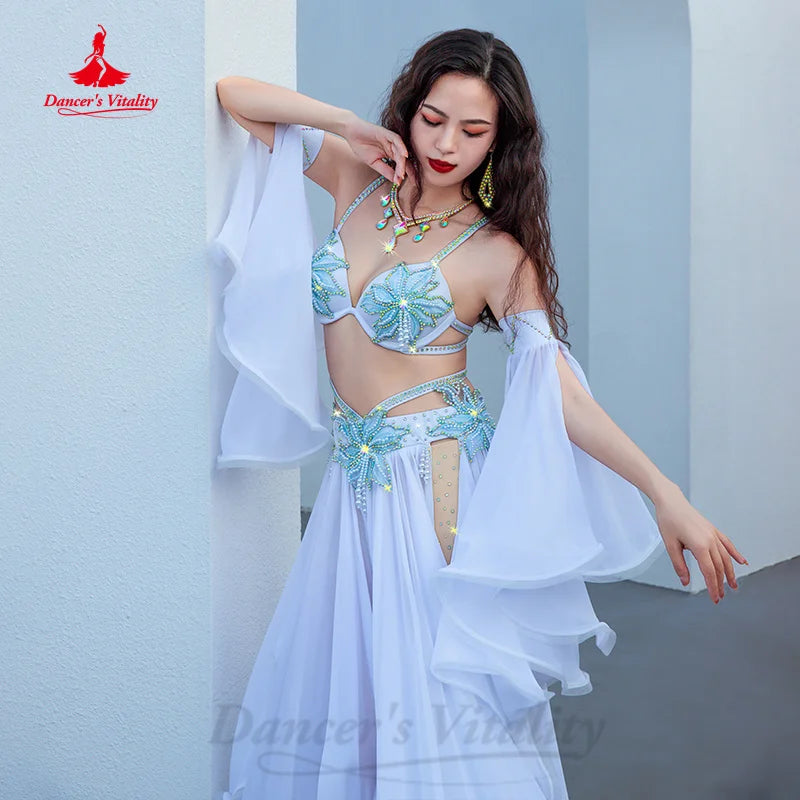 BellyDance Light Luxury Set Customization Pearl Bra+sleeves+chiffon Split Long Skirt 3pcs Oriental Dance Performance Costumes