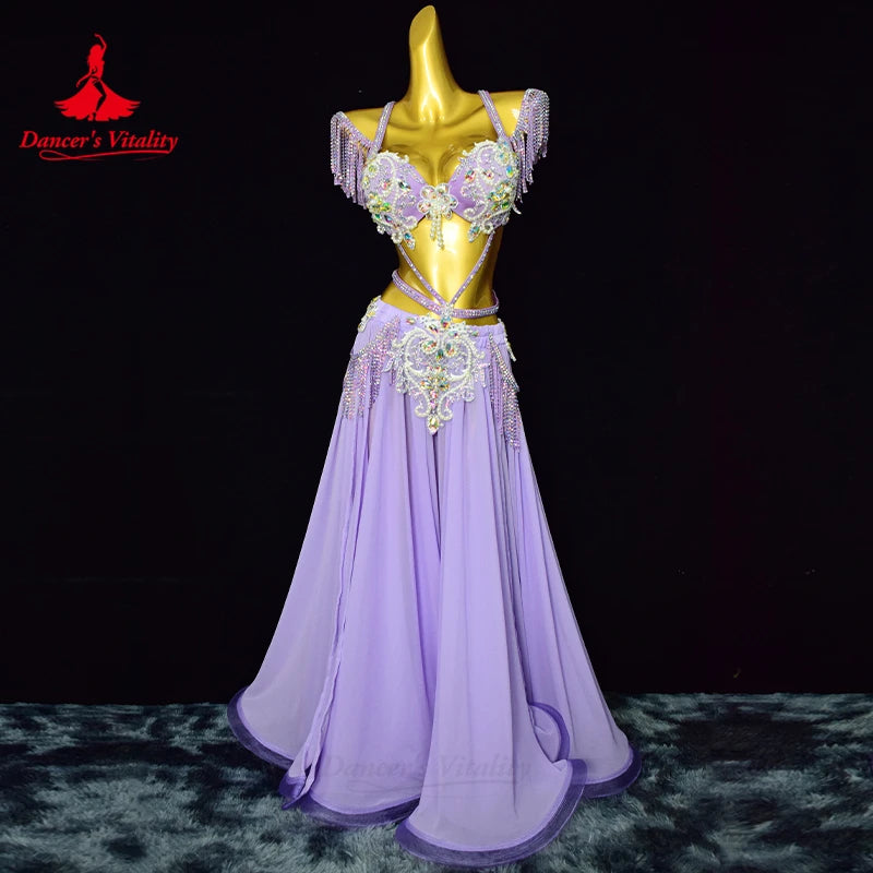 Belly Dance Performance Set Exquisite Pearl Bra+Tassel Chiffon Long Skirt 2pcs Adult Women's Oriental Dance Competition Costumes