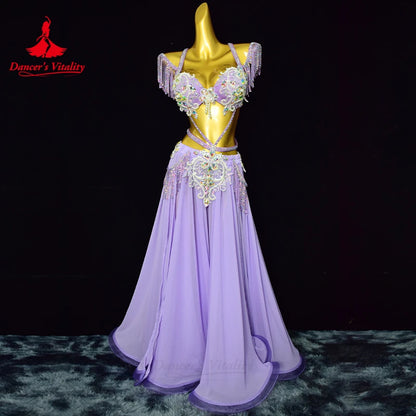 Belly Dance Performance Set Exquisite Pearl Bra+Tassel Chiffon Long Skirt 2pcs Adult Women's Oriental Dance Competition Costumes