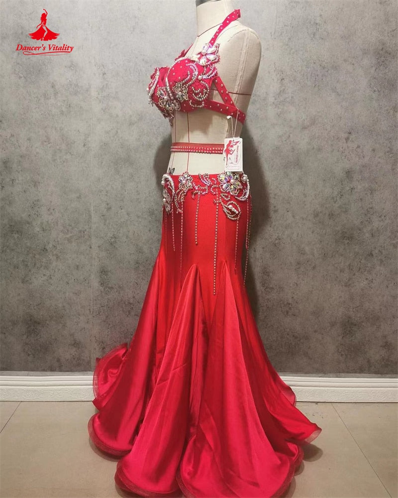 Belly Dance Suit Diamond Bra Tassel Long Skirt Performance Clothing Female Adult Child Competition Clothes Set High-end Custom