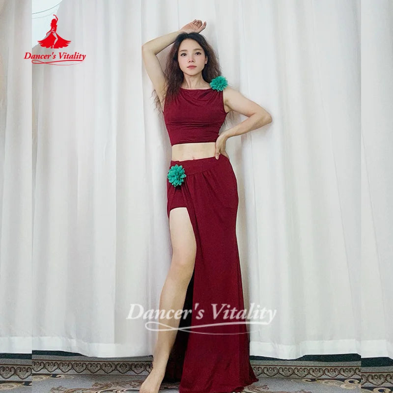 Belly Dance Practice Clothes Sleeveless Top+Long Skirt 2pcs Adult Female Oriental Dance Training Clothing Dancer's Vitality
