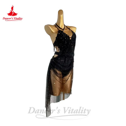 Latin Dance Fringe Dress for Women Mesh with Stones Chacha Tango Performance Competiton Skirt Custom Adult Child Latin Skirts