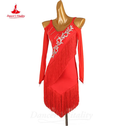 Latin Dance Performance Costumes Customized Long Sleeved Light Luxury Rhinestone Tassel Dress Tango Chacha Competition Dresses