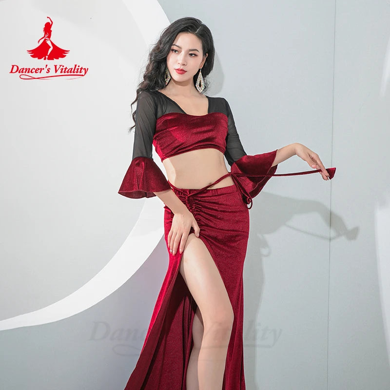 Belly Dance Costume Practice Suit Eastern Group Clothing Mesh Half Sleeves Top+velvet Long Skirt 2pcs Women Bellydance Outfit