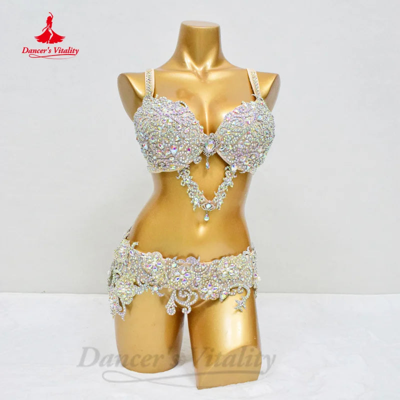 Bellydance Costume Set Customized Luxury AB Stones Bra+sexy Split Long Chiffon Skirt 2pcs Oriental Dance Performance Clothing