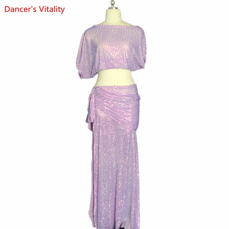 Belly Dance Performance Costume Dress Customzied Short Sleeves Top+bling Bling Long Skirt 2pcs for Women Bellydancing Wear