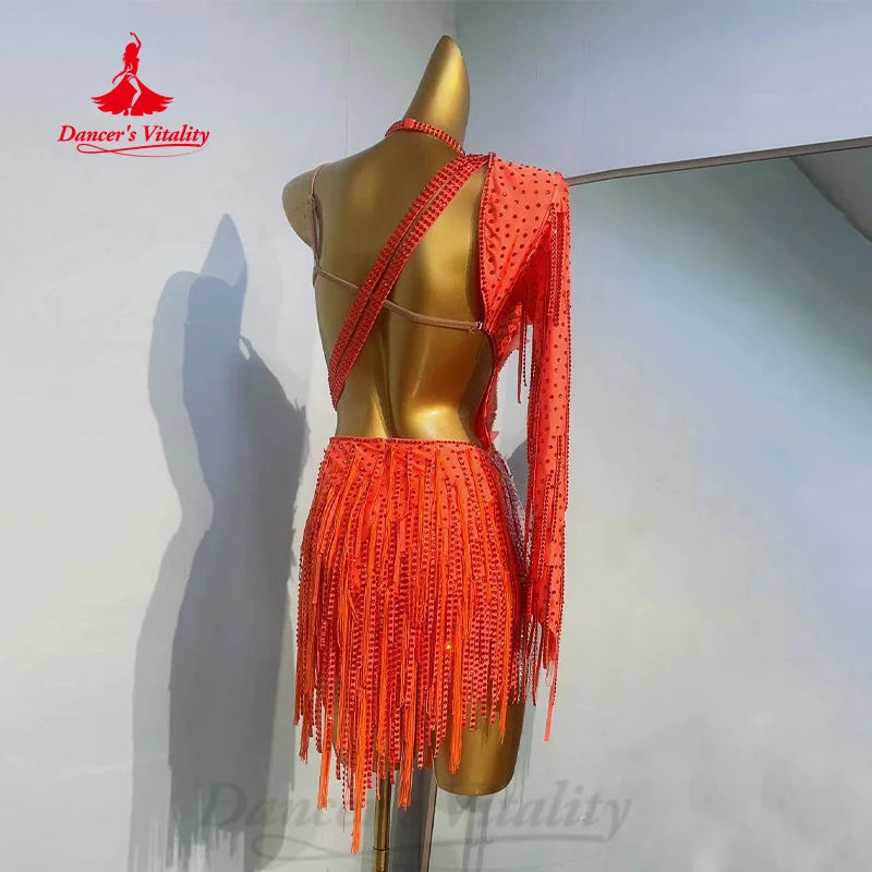 Latin Dance Costumes Women's Customized Luxury Full Diamond Tassels Dresses Tango Chacha Samba Professional Performance Costume