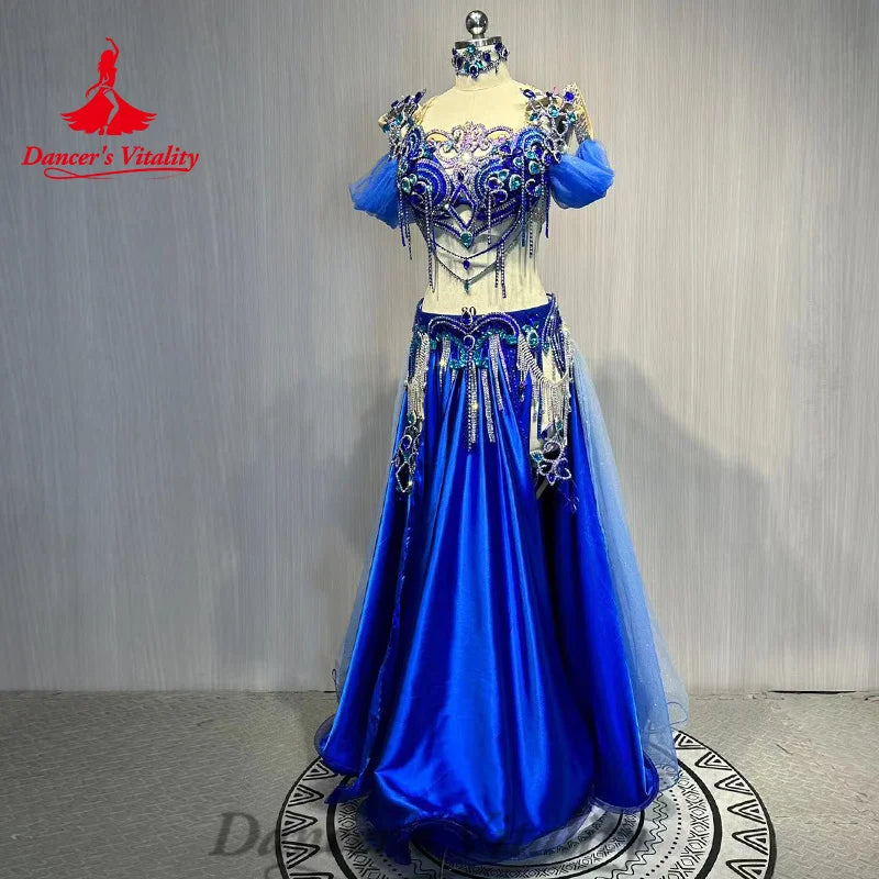 Bellydance Costume Suit Women's Customization Rhinestone Bra+senior Satin Long Skirt 2pcs Oriental Dance Performance Costumes